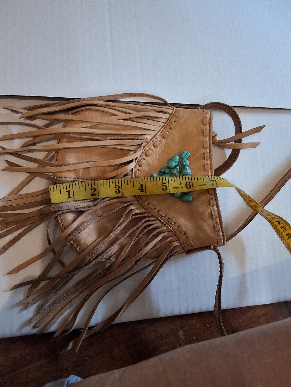 Lucky Brand Tan Leather Fringe Crossbody Bag Turquoise Boho Southwestern Purse - Picture 4 of 13